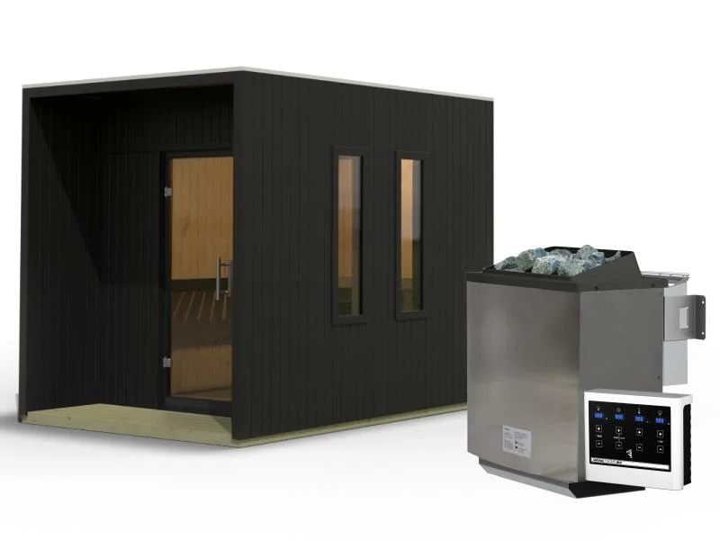 Karibu Saunahaus Laguna, schwarz, 73 mm - inkl. 9 kW Bioofen ext. Steuerung