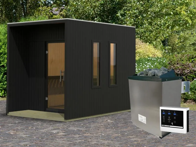 Karibu Saunahaus Laguna, schwarz, 73 mm - inkl. 9 kW Ofen ext. Steuerung