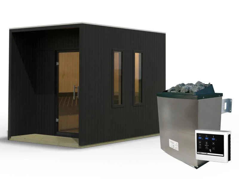 Karibu Saunahaus Laguna, schwarz, 73 mm - inkl. 9 kW Ofen ext. Steuerung