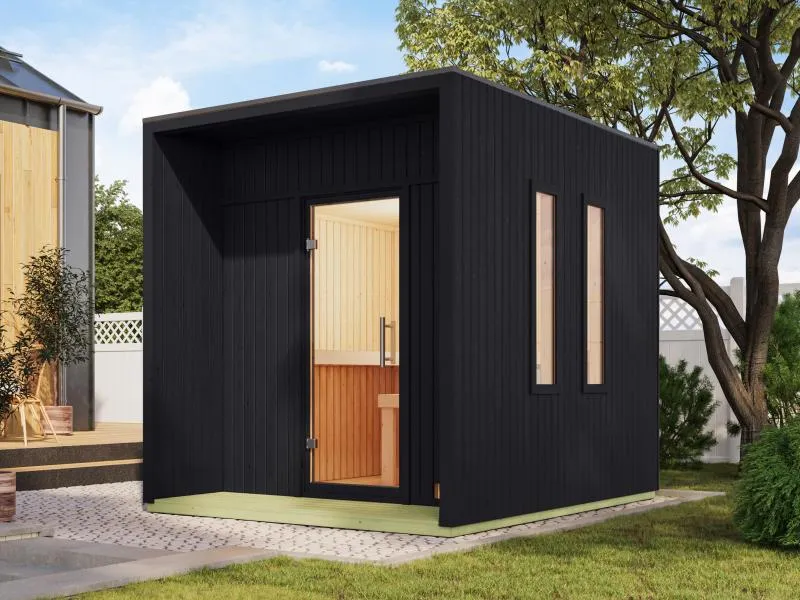 Karibu Saunahaus Laguna, schwarz, 73 mm - inkl. 9 kW Ofen ext. Steuerung