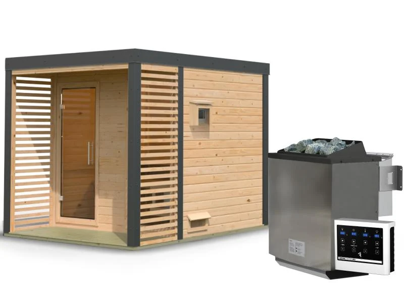 Karibu Hybrid Saunahaus Ares 2, naturbelassen/anthrazit -inkl. 9 kW Bioofen ext. Steuerung-