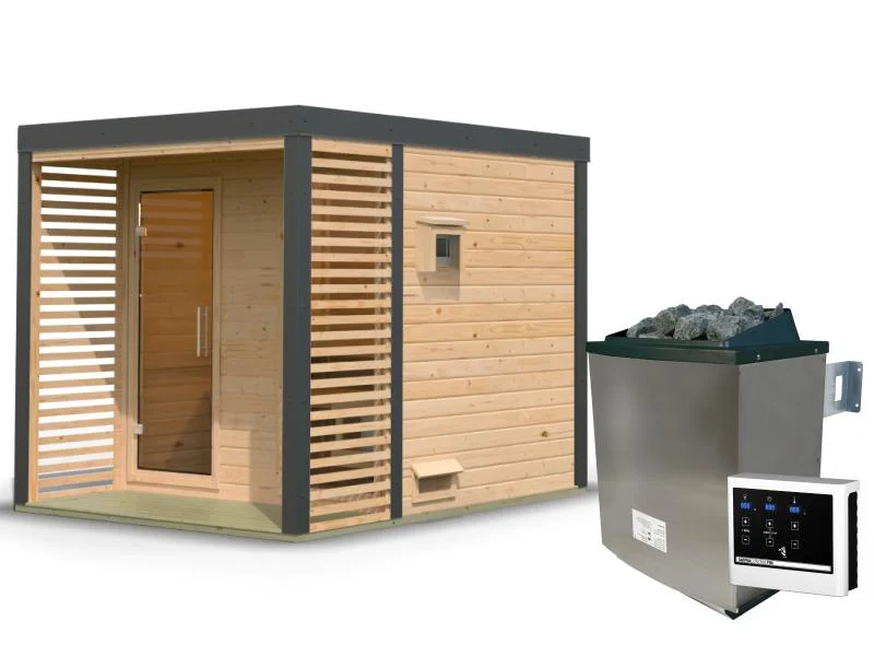 Karibu Hybrid Saunahaus Ares 2, naturbelassen/anthrazit -inkl. 9 kW Ofen ext. Steuerung-