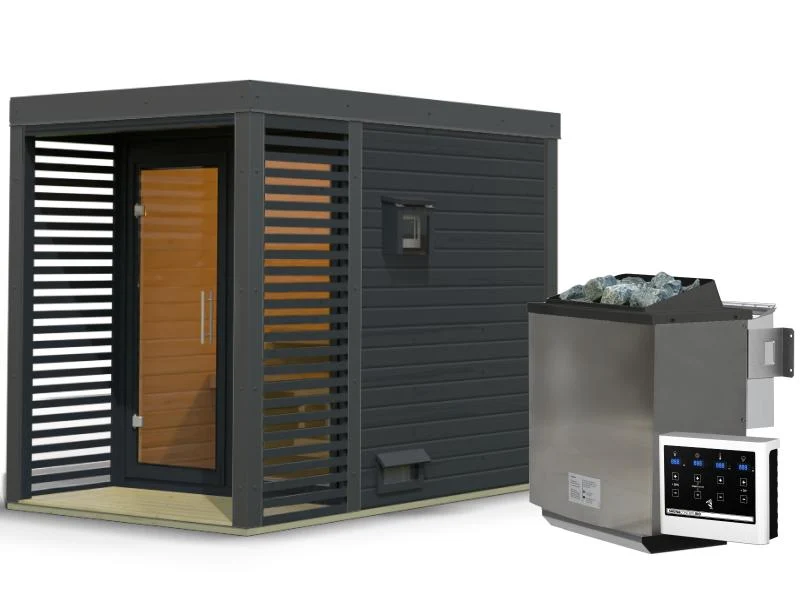 Karibu Hybrid Saunahaus Ares 1, anthrazit/anthrazit-inkl. 9 kW Bioofen ext. Steuerung-