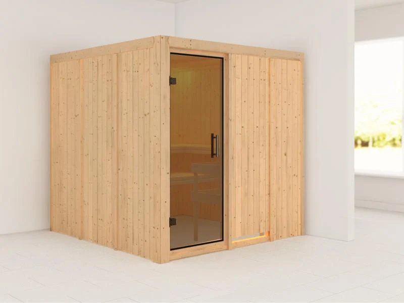 Karibu Sauna Rodin ohne Ofen, ohne Dachkranz, mit moderner Saunatür