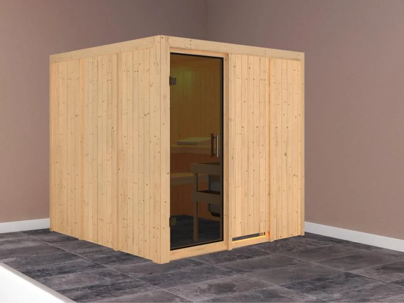 Karibu Sauna Rodin ohne Ofen, ohne Dachkranz, mit moderner Saunatür