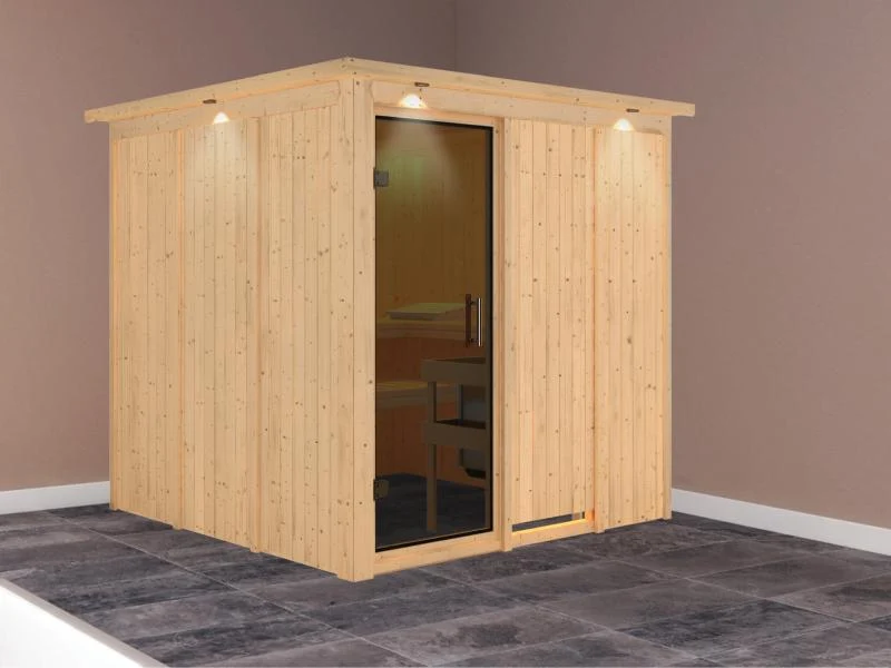 Karibu Sauna Rodin ohne Ofen, mit Dachkranz, mit moderner Saunatür