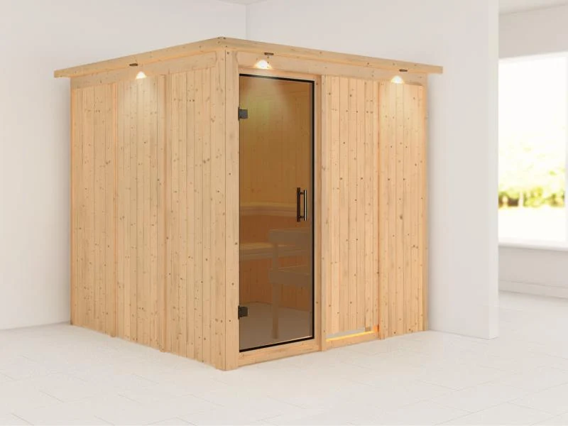 Karibu Sauna Rodin ohne Ofen, mit Dachkranz, mit moderner Saunatür