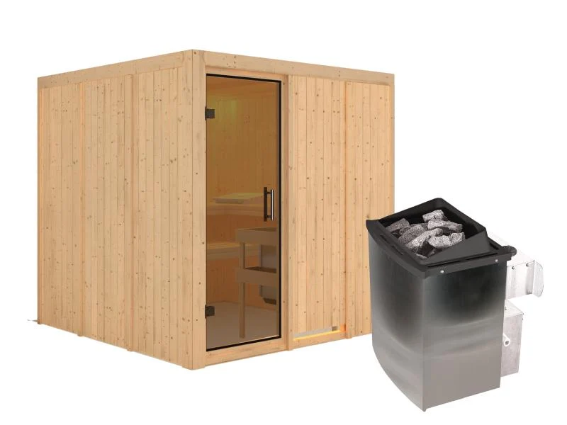Karibu Sauna Rodin inkl. 9-kW-Ofen mit interner Steuerung, ohne Dachkranz, mit moderner Saunatür