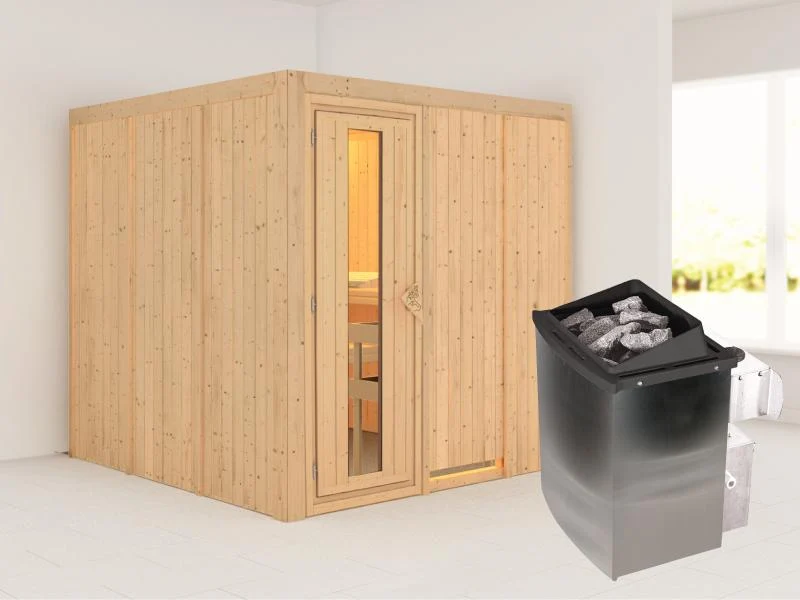 Karibu Sauna Rodin inkl. 9-kW-Ofen mit interner Steuerung, ohne Dachkranz, mit energiesparender Saun