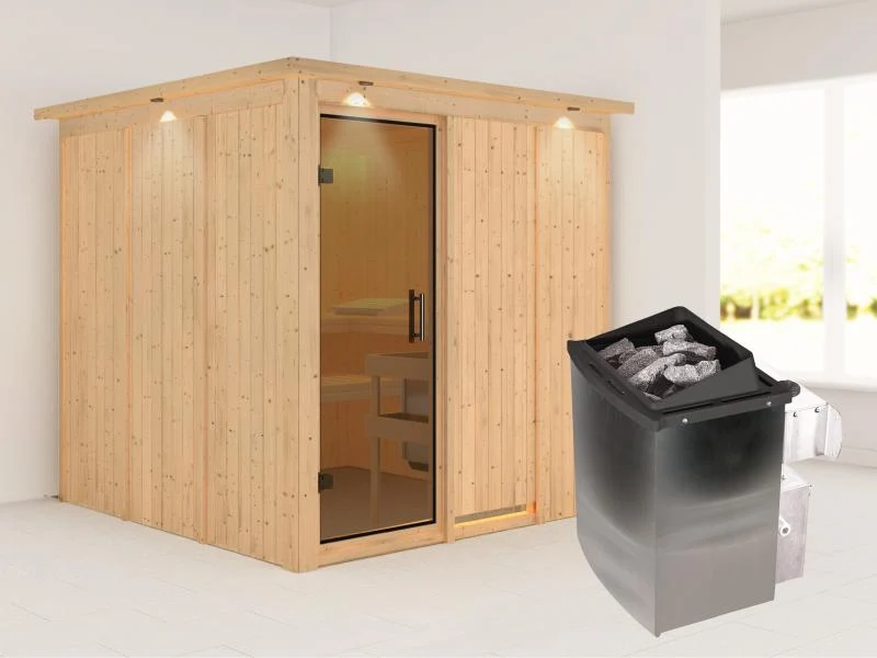 Karibu Sauna Rodin inkl. 9-kW-Ofen mit interner Steuerung, mit Dachkranz, mit moderner Saunatür
