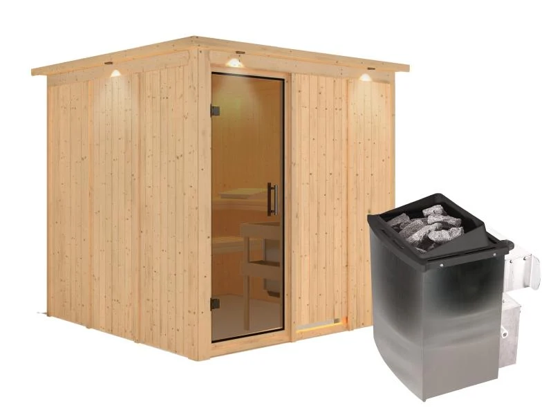 Karibu Sauna Rodin inkl. 9-kW-Ofen mit interner Steuerung, mit Dachkranz, mit moderner Saunatür