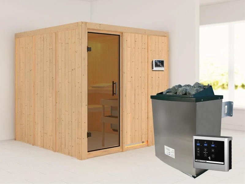 Karibu Sauna Rodin inkl. 9-kW-Ofen mit externer Steuerung, ohne Dachkranz, mit moderner Saunatür