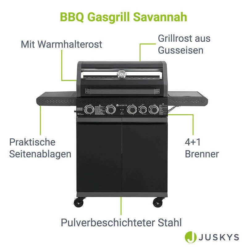 C-Ware BBQ Gasgrill Savannah Grillwagen 4 Hauptbrenner 1 Seitenbrenner anthrazit grau