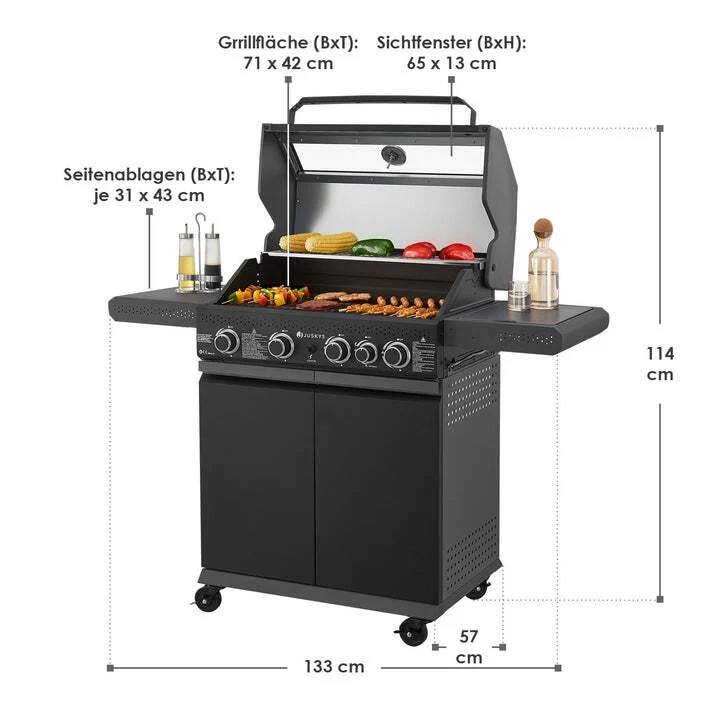 C-Ware BBQ Gasgrill Savannah Grillwagen 4 Hauptbrenner 1 Seitenbrenner anthrazit grau