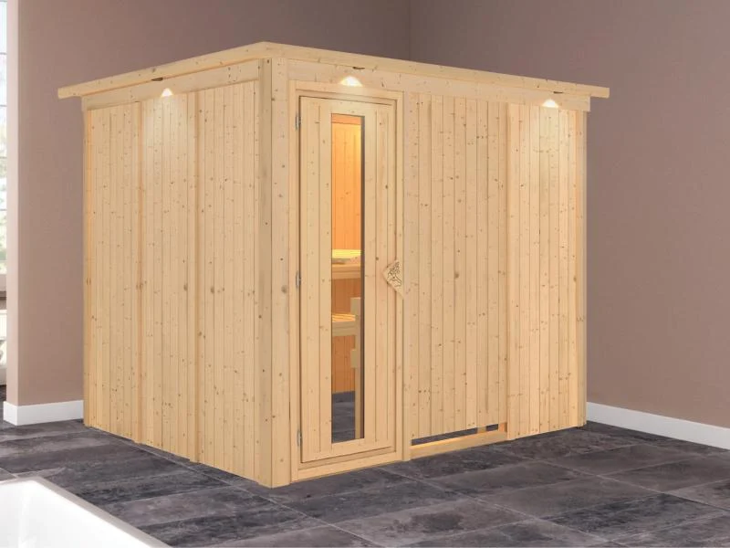 Karibu Sauna Gobin ohne Ofen, mit Dachkranz, mit energiesparender Saunatür