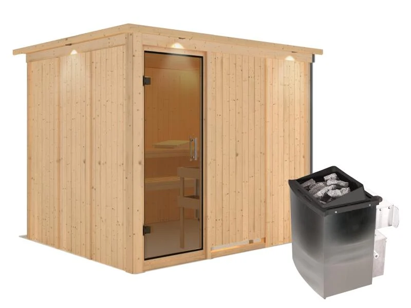 Karibu Sauna Gobin inkl. 9-kW-Ofen mit interner Steuerung, mit Dachkranz, mit moderner Saunatür
