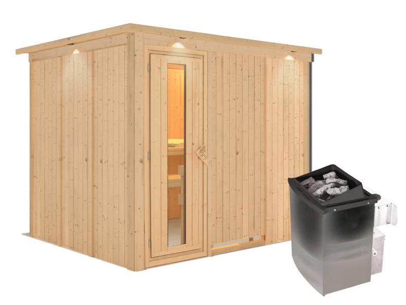 Karibu Sauna Gobin inkl. 9-kW-Ofen mit interner Steuerung, mit Dachkranz, mit energiesparender Sauna