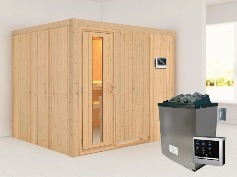 Karibu Sauna Gobin inkl. 9-kW-Ofen mit externer Steuerung, ohne Dachkranz, mit energiesparender Saun