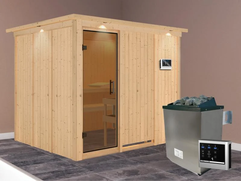 Karibu Sauna Gobin inkl. 9-kW-Ofen mit externer Steuerung, mit Dachkranz, mit moderner Saunatür