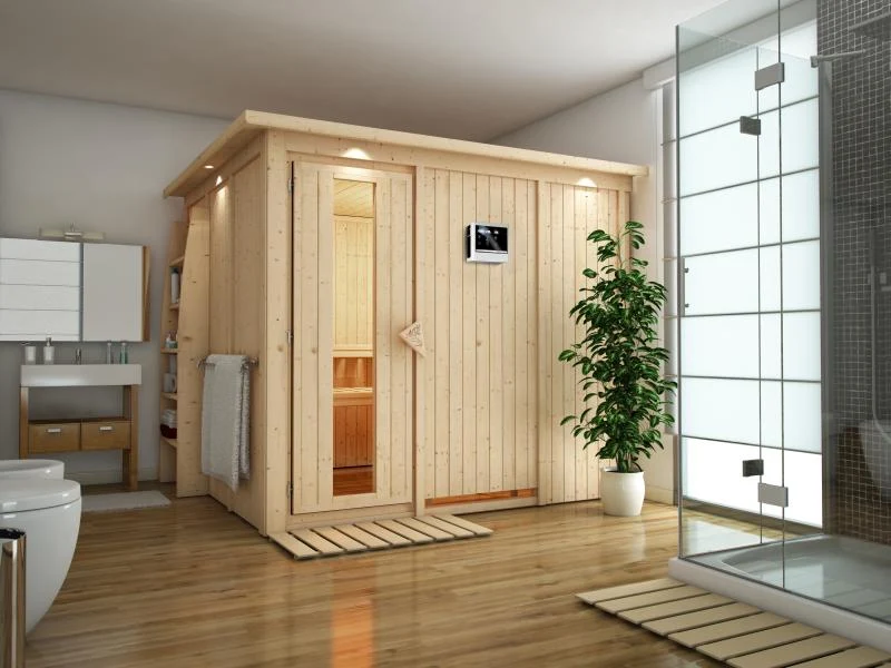 Karibu Sauna Gobin inkl. 9-kW-Ofen mit externer Steuerung, mit Dachkranz, mit energiesparender Sauna
