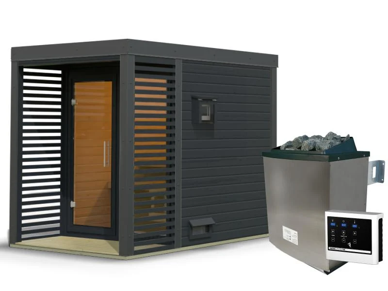 Karibu Hybrid Saunahaus Ares 1, anthrazit/anthrazit -inkl. 9 kW Ofen ext. Steuerung-