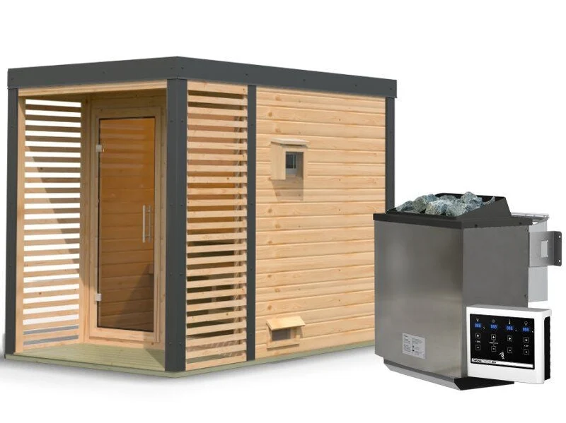 Karibu Hybrid Saunahaus Ares 1, naturbelassen/anthrazit -inkl. 9 kW Bioofen ext. Steuerung-