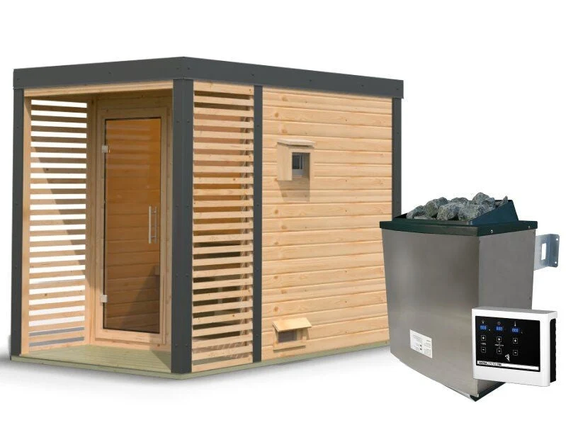 Karibu Hybrid Saunahaus Ares 1, naturbelassen/anthrazit -inkl. 9 kW Ofen ext. Steuerung-