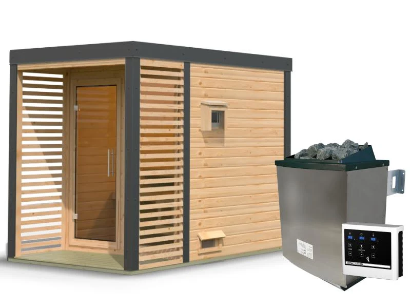 Karibu Hybrid Saunahaus Ares 1, naturbelassen/anthrazit -inkl. 9 kW Ofen ext. Steuerung-