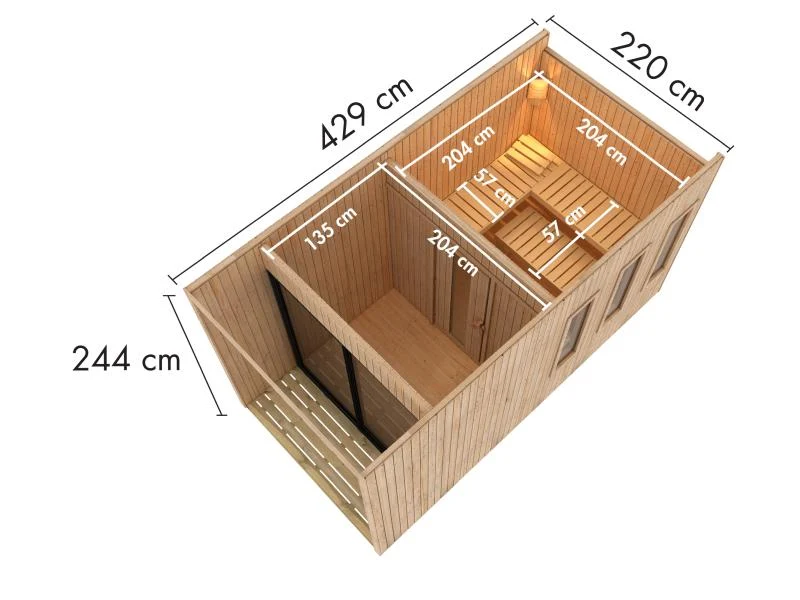 Karibu Saunahaus Miramar natur, inkl. 9 kW Bioofen ext. Steuerung, inkl. Vorraum, 73 mm