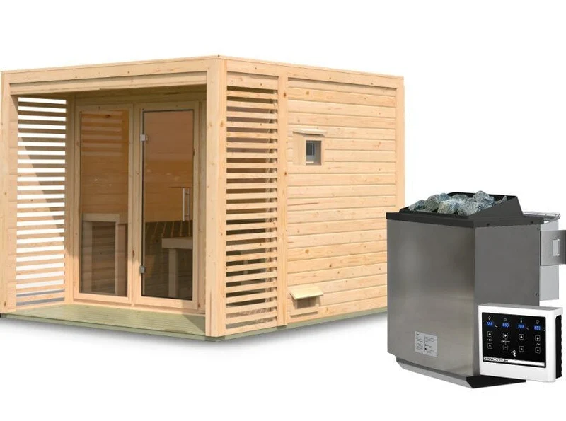 Karibu Saunahaus Angkor 3, 38 mm naturbelassen -inkl. 9 kW Bioofen ext. Steuerung-