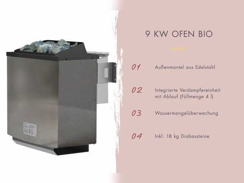 Karibu Saunahaus Angkor 3, 38 mm naturbelassen -inkl. 9 kW Bioofen ext. Steuerung-