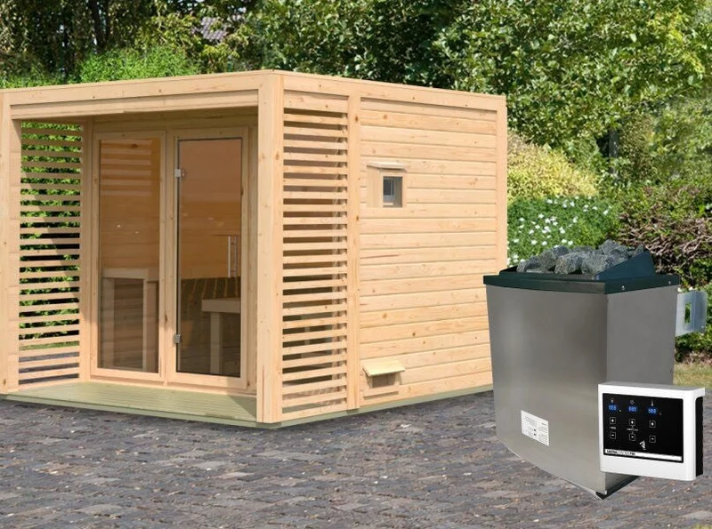 Karibu Saunahaus Angkor 3, 38 mm naturbelassen -inkl. 9 kW Ofen ext. Steuerung-