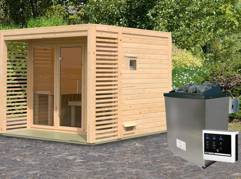Karibu Saunahaus Angkor 3, 38 mm naturbelassen -inkl. 9 kW Ofen ext. Steuerung-