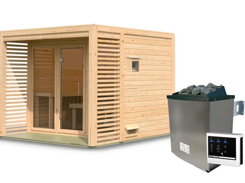 Karibu Saunahaus Angkor 3, 38 mm naturbelassen -inkl. 9 kW Ofen ext. Steuerung-