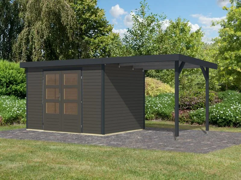 Karibu Hybrid Gartenhaus Jupiter 4 B terragrau/anthrazit, inkl. 2,35 m Anbaudach