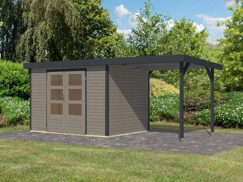 Karibu Hybrid Gartenhaus Jupiter 4 D wassergrau/anthrazit, inkl. 2,35 m Anbaudach