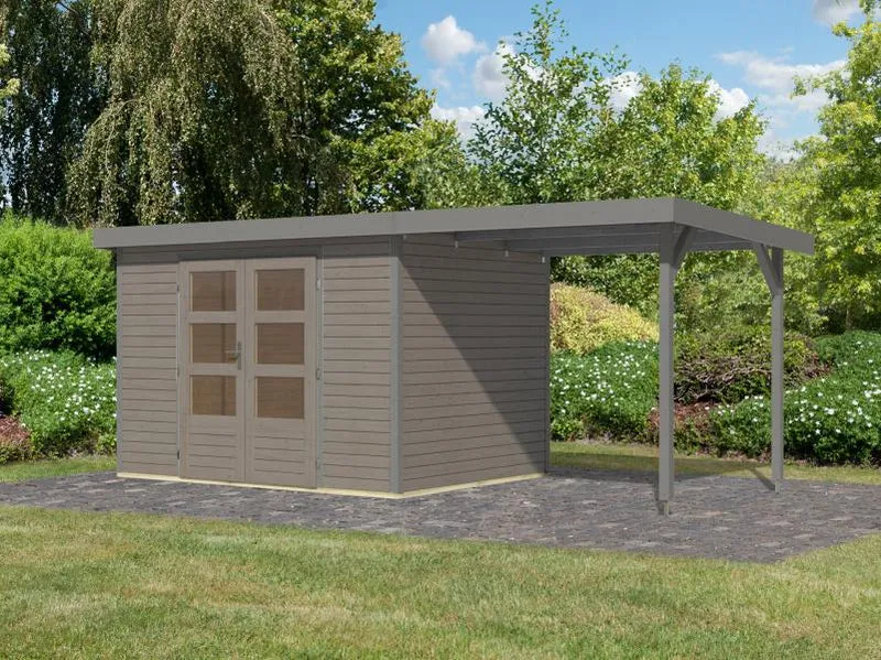 Karibu Hybrid Gartenhaus Jupiter 4 D wassergrau/graualuminium, inkl. 2,35 m Anbaudach