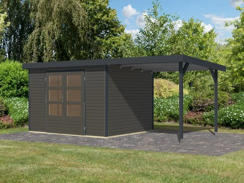 Karibu Hybrid Gartenhaus Jupiter 5 B terragrau/anthrazit, inkl. 2,35 m Anbaudach