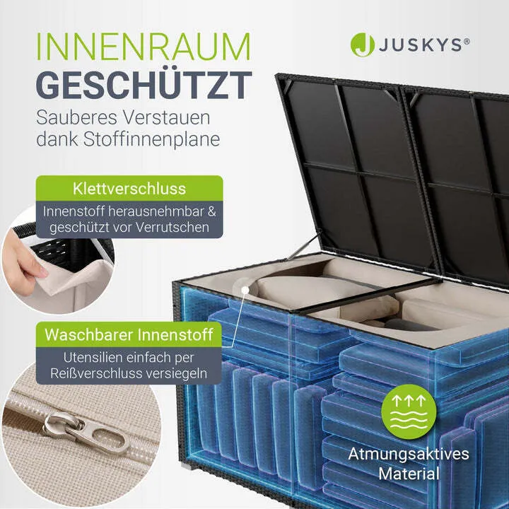 B-Ware Polyrattan Auflagenbox IkariaGartenbox 950 Liter Deckel und Innenplane Schwarz