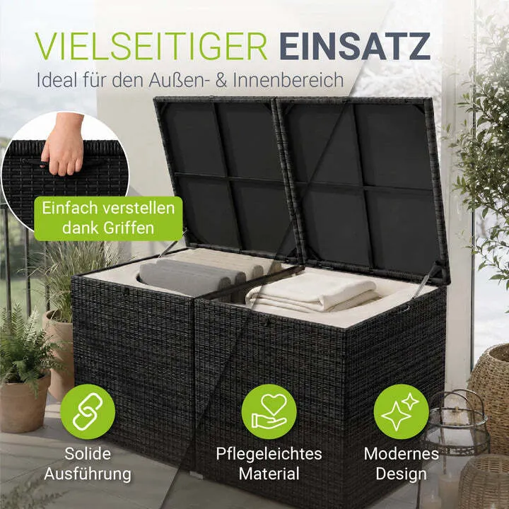 B-Ware Polyrattan Auflagenbox IkariaGartenbox 950 Liter Deckel und Innenplane Schwarz