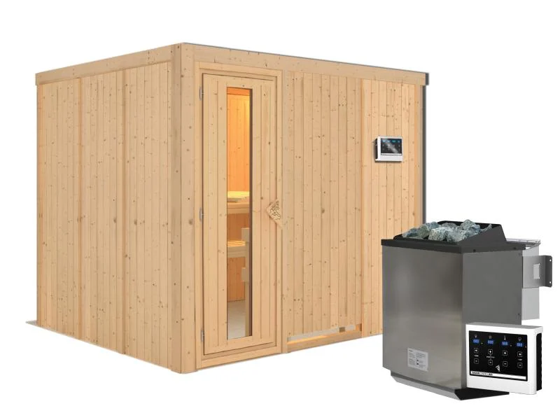 Karibu Sauna Gobin inkl. 9-kW-Bioofen mit externer Steuerung, ohne Dachkranz, mit energiesparender S