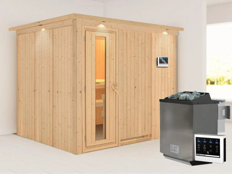 Karibu Sauna Gobin inkl. 9-kW-Bioofen mit externer Steuerung, mit Dachkranz, mit energiesparender Sa