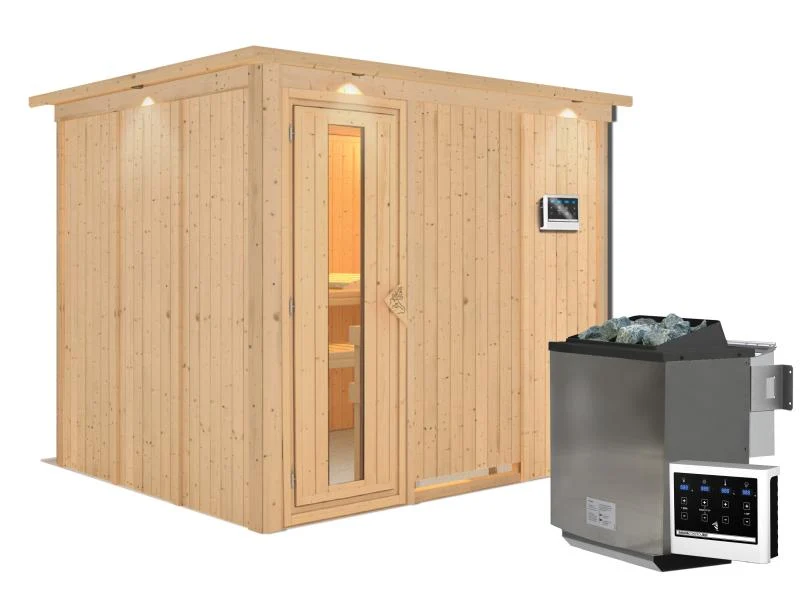 Karibu Sauna Gobin inkl. 9-kW-Bioofen mit externer Steuerung, mit Dachkranz, mit energiesparender Sa