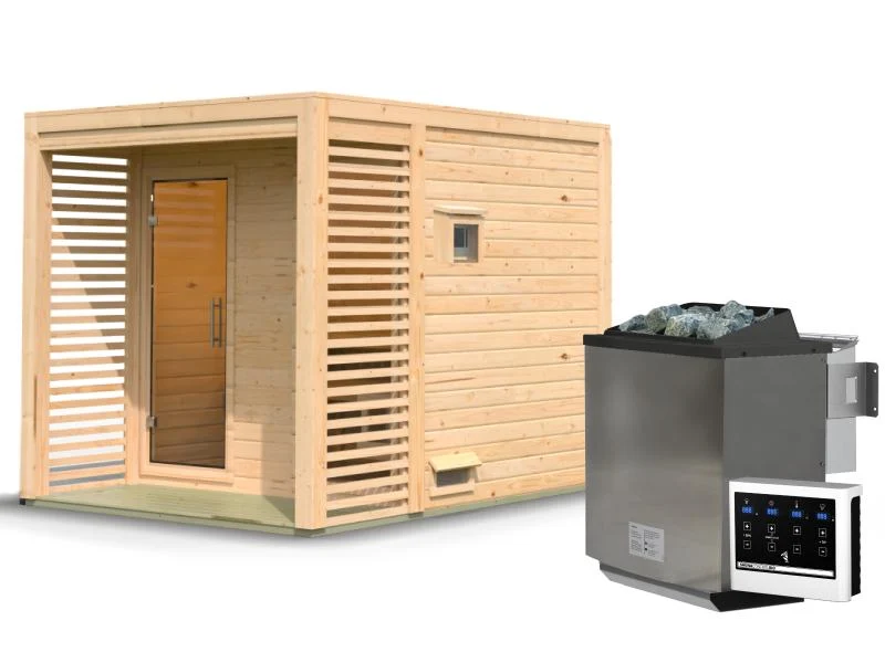 Karibu Saunahaus Angkor 2, 38 mm naturbelassen -inkl. 9 kW Bioofen ext. Steuerung-