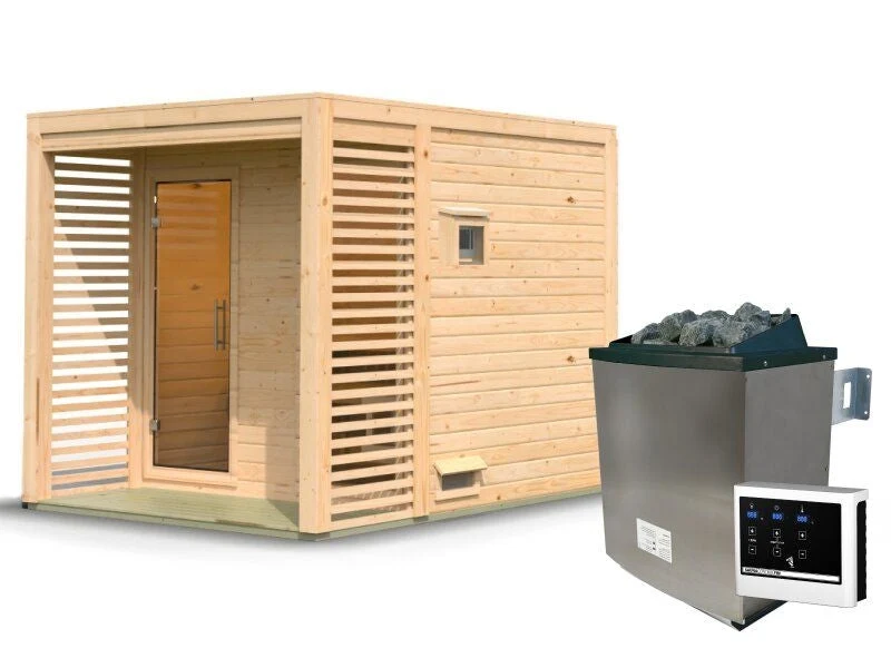 Karibu Saunahaus Angkor 2, 38 mm naturbelassen -inkl. 9 kW Ofen ext. Steuerung-