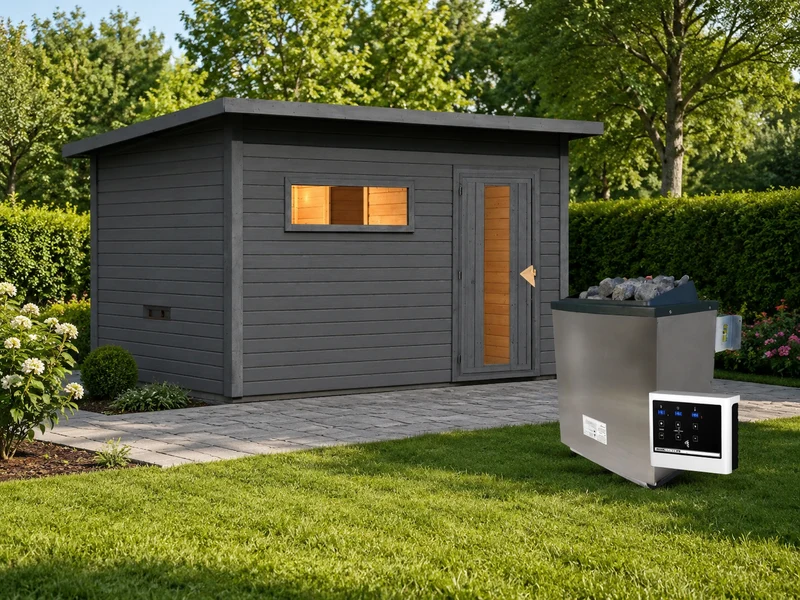 Karibu Saunahaus Hytti 6, inkl. 9 kW Ofen ext. Steuerung -mit Iso-Tür- terragrau, 38 mm