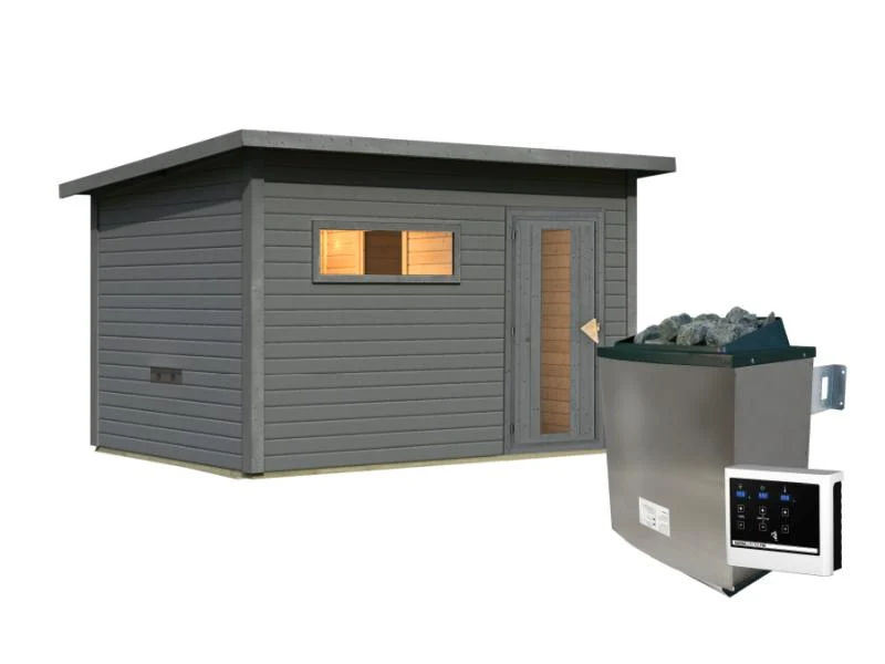 Karibu Saunahaus Hytti 6, inkl. 9 kW Ofen ext. Steuerung -mit Iso-Tür- terragrau, 38 mm