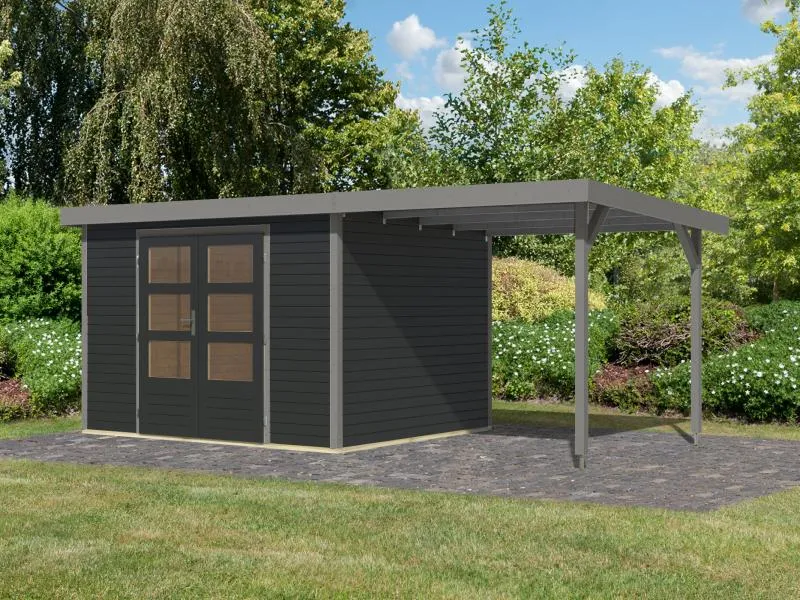 Karibu Hybrid Gartenhaus Jupiter 5 C anthrazit/graualuminium, inkl. 2,35 m Anbaudach