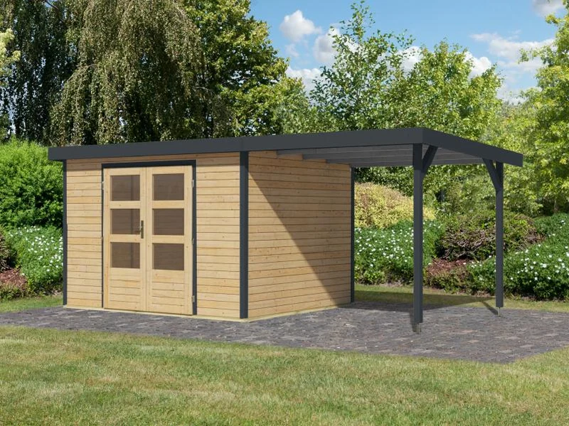 Karibu Hybrid Gartenhaus Jupiter 5 A naturbelassen/anthrazit, inkl. 2,35 m Anbaudach
