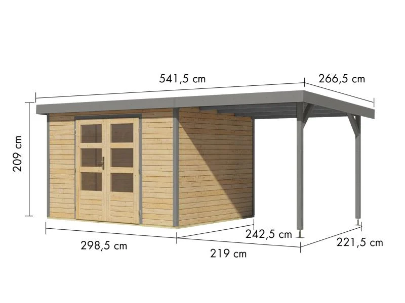 Karibu Hybrid Gartenhaus Jupiter 5 A naturbelassen/graualuminium, inkl. 2,35 m Anbaudach